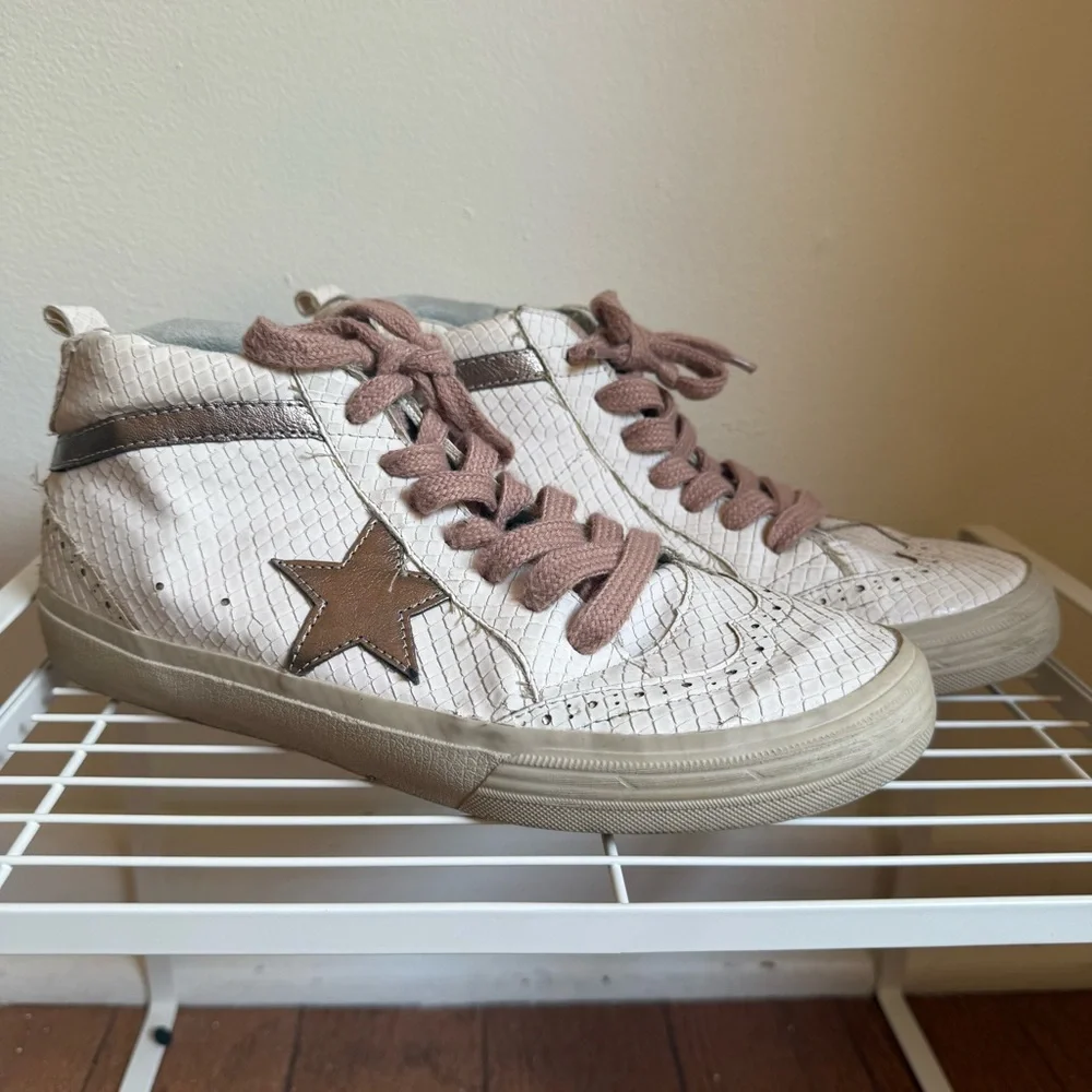 ShuShop Paulina Bone Hi Top Snake Sneakers Star Design Pink‎ Laces Size 8